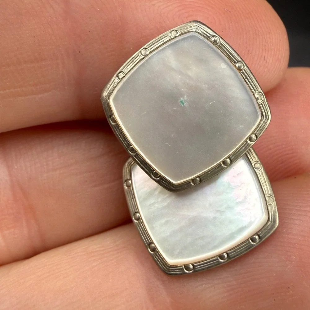 Vintage Cufflinks White Mother of Pearl Square Double Sided Silver Tone READ